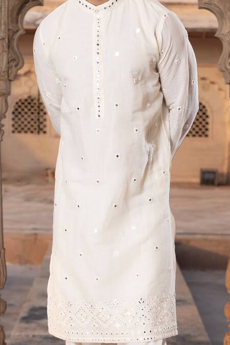 Shop Preevin Off White Cotton Mirrors, Embroidery Blossom Quad Kurta Set Online at Aza Fashions Shop_Preevin_Off White Cotton Mirrors, Embroidery Blossom Quad Kurta Set _Online_at_Aza_Fashions