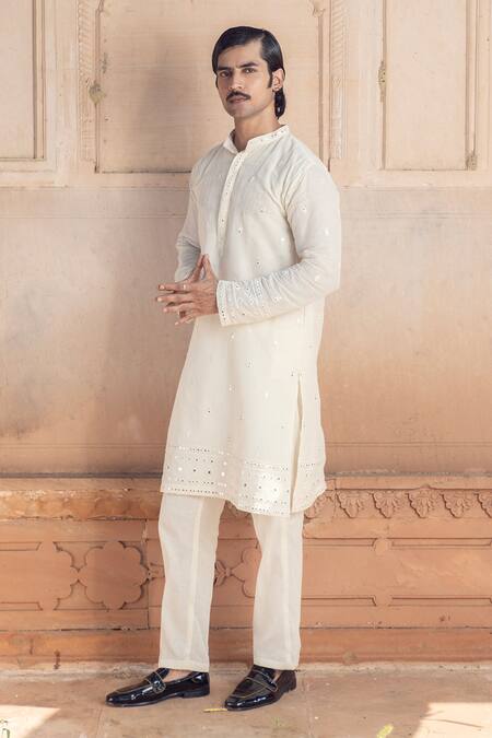 Buy_Preevin_Off White Cotton Mirrors, Embroidery Floweret Kurta Set _Online_at_Aza_Fashions