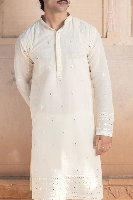 Shop_Preevin_Off White Cotton Mirrors, Embroidery Floweret Kurta Set _Online_at_Aza_Fashions