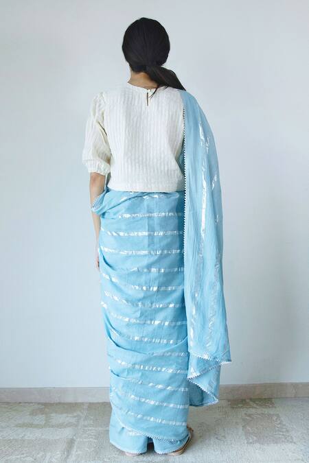 Shop_Merakus_Blue Cotton Stripe Zari Pattern Saree  _at_Aza_Fashions