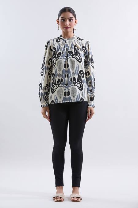 Khwaab By Sanjana Lakhani_Cream Rayon Bandeau Neck Abstract Print Blouson Top _Online_at_Aza_Fashions