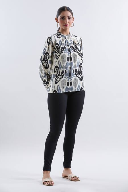 Buy_Khwaab By Sanjana Lakhani_Cream Rayon Bandeau Neck Abstract Print Blouson Top _Online_at_Aza_Fashions