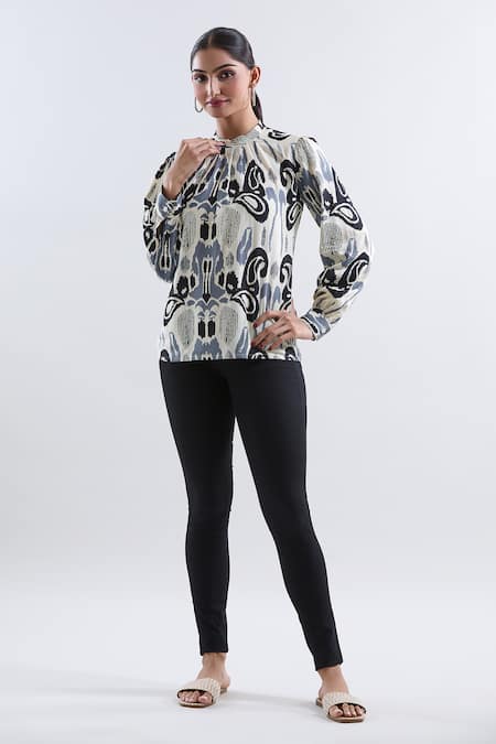 Shop_Khwaab By Sanjana Lakhani_Cream Rayon Bandeau Neck Abstract Print Blouson Top _Online_at_Aza_Fashions