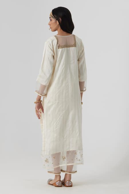 Shop Rhua White Silk, Cotton, Muslin Embroidery, Mirrors Vriti Stripe Woven Kurta Pant Set at Aza Fashions Shop_Rhua_White Silk, Cotton, Muslin Embroidery, Mirrors Vriti Stripe Woven Kurta Pant Set _at_Aza_Fashions