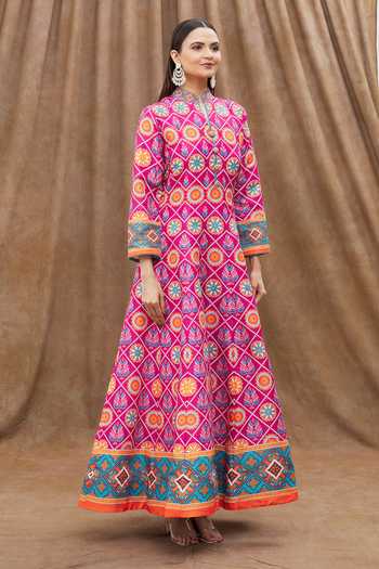 Buy_Samyukta Singhania_Pink Silk, Net Embroidery Mandarin Flower Print Panelled Anarkali With Dupatta_Online_at_Aza_Fashions