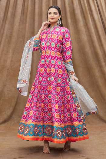 Shop_Samyukta Singhania_Pink Silk, Net Embroidery Mandarin Flower Print Panelled Anarkali With Dupatta_Online_at_Aza_Fashions