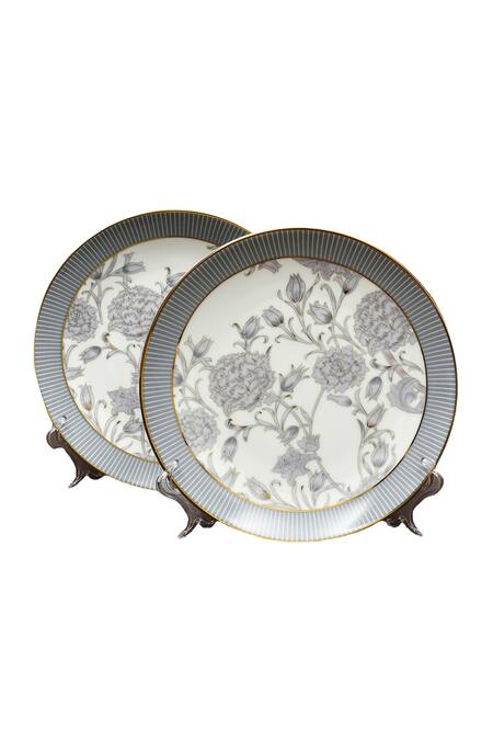Ichkan_Grey Porcelain Floral, Striped Iris And Work Dinnerware Set_Online_at_Aza_Fashions