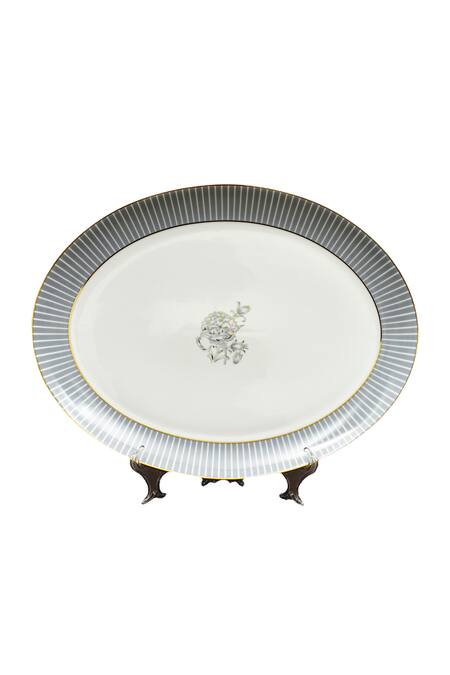 Buy_Ichkan_Grey Porcelain Floral, Striped Iris And Work Dinnerware Set_Online_at_Aza_Fashions