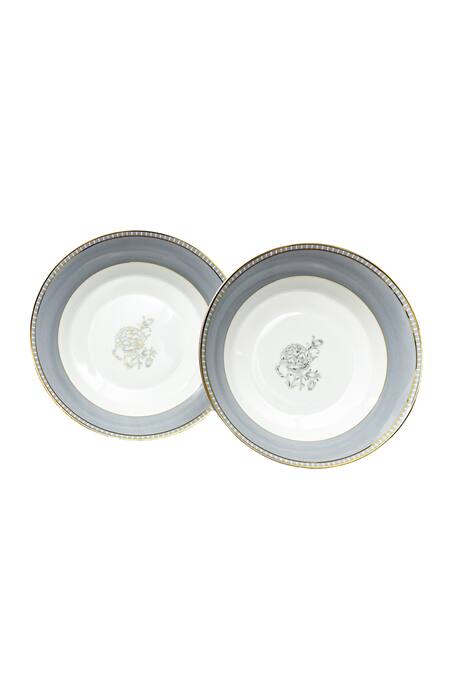 Shop_Ichkan_Grey Porcelain Floral, Striped Iris And Work Dinnerware Set_Online_at_Aza_Fashions