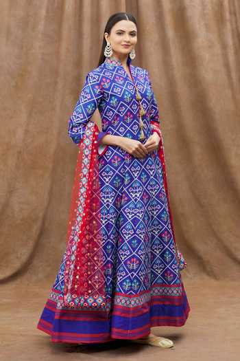 Shop_Samyukta Singhania_Blue Silk, Net Embroidery Mandarin Floral Print Anarkali With Contrast Dupatta_Online_at_Aza_Fashions