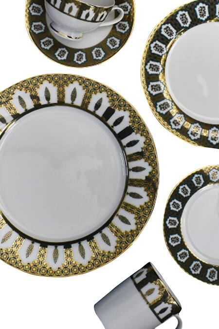 Ichkan_Blue Porcelain Floral, Geometric Chinar And Work Dinnerware Set_Online_at_Aza_Fashions