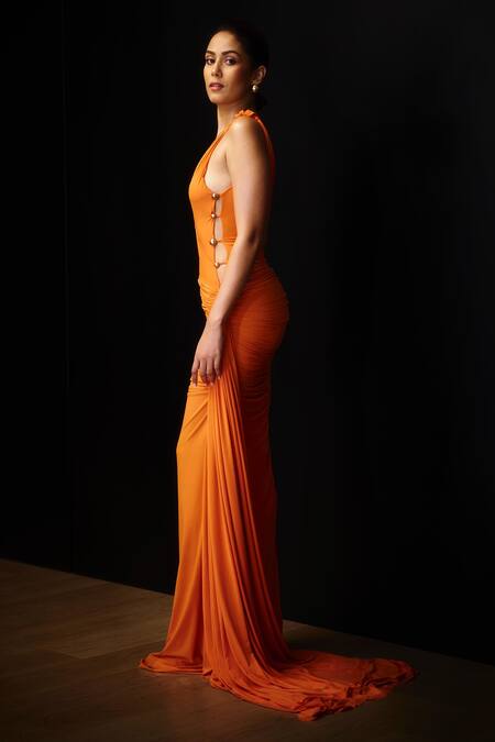 Shop_Deme By Gabriella_Orange Lycra Plunge Neck Draped Trail Gown _Online_at_Aza_Fashions
