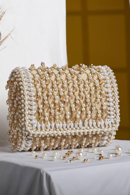 Shop House Of Webhin Beige Pearls, Beads Embellished Flap Bag With Handle at Aza Fashions Shop_House Of Webhin_Beige Pearls, Beads Embellished Flap Bag With Handle _at_Aza_Fashions