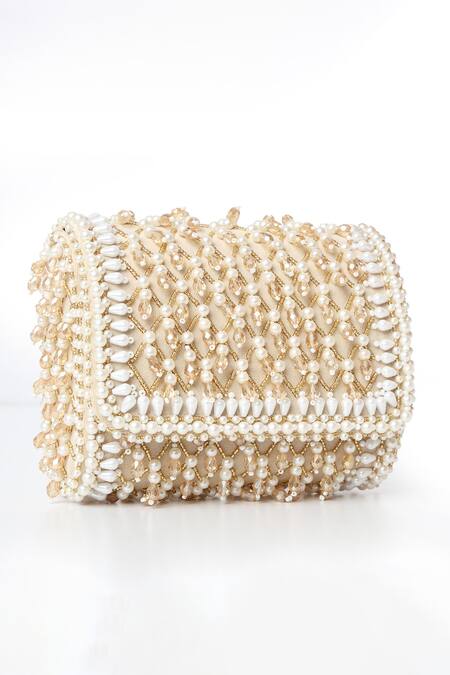 House Of Webhin Beige Pearls, Beads Embellished Flap Bag With Handle Online at Aza Fashions House Of Webhin_Beige Pearls, Beads Embellished Flap Bag With Handle _Online_at_Aza_Fashions