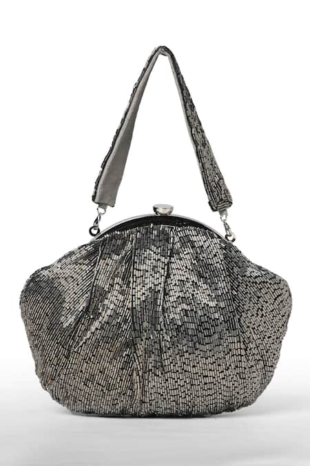 Shop House Of Webhin Black Beads Embellished Batua Bag Wiith Handle at Aza Fashions Shop_House Of Webhin_Black Beads Embellished Batua Bag Wiith Handle _at_Aza_Fashions