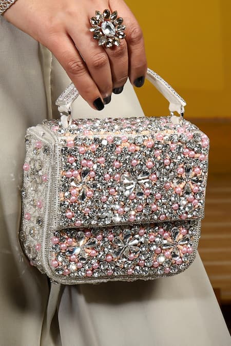 House of Webhin Off White Sequins Mini Studded Party Bag 