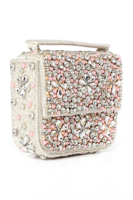 House Of Webhin_Off White Sequins, Stones Mini Studded Party Bag _Online_at_Aza_Fashions