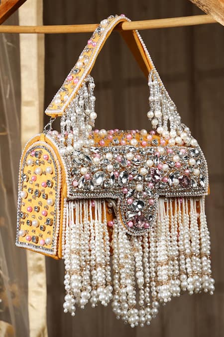 House of Webhin Bead & Stone Embellished Box Clutch 