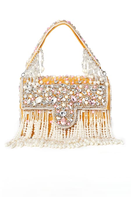 Shop House Of Webhin Yellow Pearls, Beads And Stone Embellished Box Clutch at Aza Fashions Shop_House Of Webhin_Yellow Pearls, Beads And Stone Embellished Box Clutch _at_Aza_Fashions