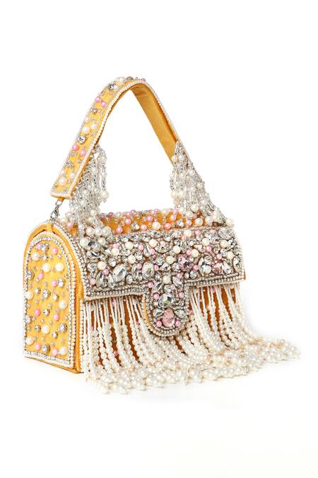 House Of Webhin Yellow Pearls, Beads And Stone Embellished Box Clutch Online at Aza Fashions House Of Webhin_Yellow Pearls, Beads And Stone Embellished Box Clutch _Online_at_Aza_Fashions