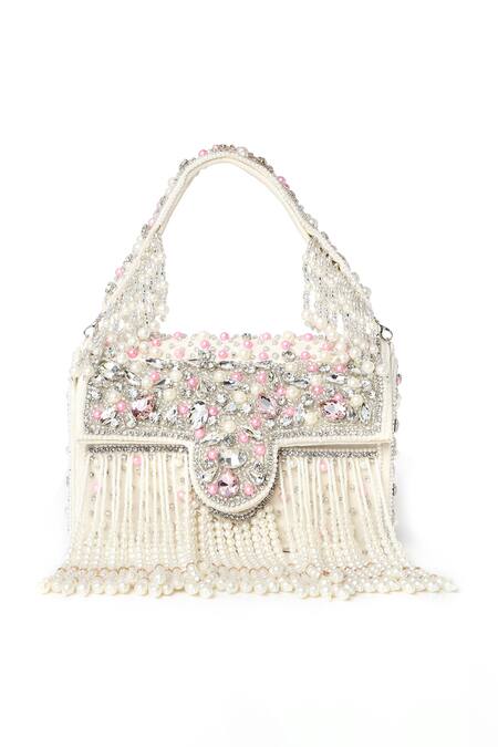 Shop House Of Webhin Off White Pearls, Beads Embellished Box Clutch Bag at Aza Fashions Shop_House Of Webhin_Off White Pearls, Beads Embellished Box Clutch Bag _at_Aza_Fashions