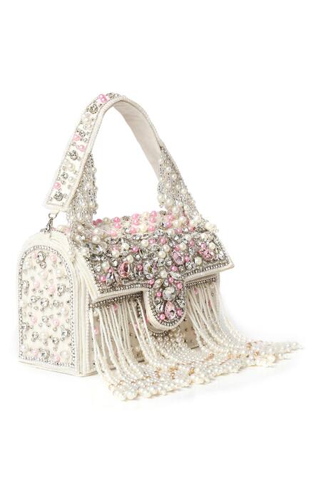 House Of Webhin Off White Pearls, Beads Embellished Box Clutch Bag Online at Aza Fashions House Of Webhin_Off White Pearls, Beads Embellished Box Clutch Bag _Online_at_Aza_Fashions