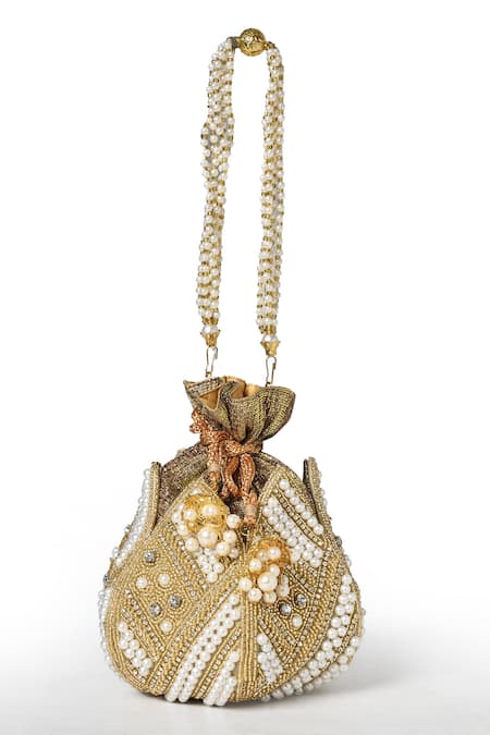 Shop House Of Webhin Gold Pearls, Beads Lotus Shaped Potli Bag at Aza Fashions Shop_House Of Webhin_Gold Pearls, Beads Lotus Shaped Potli Bag _at_Aza_Fashions