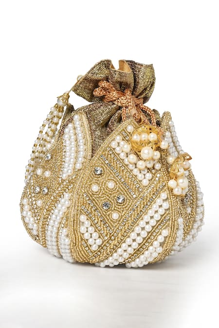House Of Webhin Gold Pearls, Beads Lotus Shaped Potli Bag Online at Aza Fashions House Of Webhin_Gold Pearls, Beads Lotus Shaped Potli Bag _Online_at_Aza_Fashions