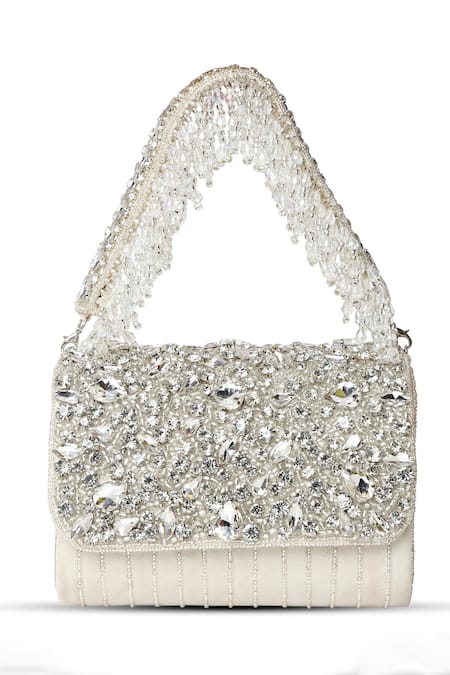 Shop House Of Webhin White Studs Embellished Flap Clutch Bag at Aza Fashions Shop_House Of Webhin_White Studs Embellished Flap Clutch Bag _at_Aza_Fashions