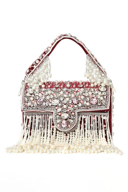Shop House Of Webhin Maroon Pearls, Beads Layered Embellished Box Clutch at Aza Fashions Shop_House Of Webhin_Maroon Pearls, Beads Layered Embellished Box Clutch _at_Aza_Fashions