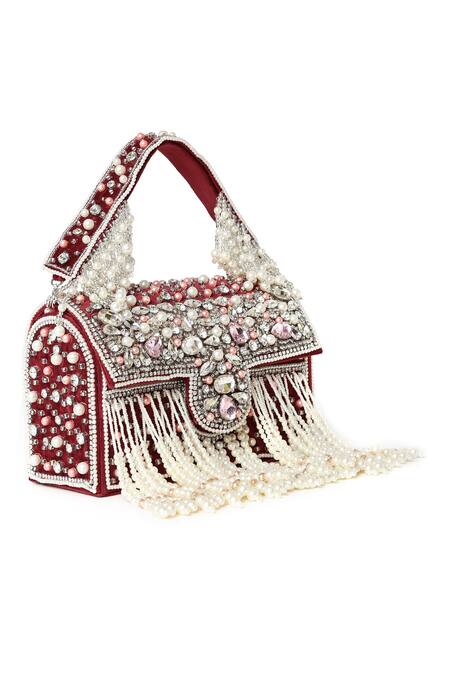House Of Webhin Maroon Pearls, Beads Layered Embellished Box Clutch Online at Aza Fashions House Of Webhin_Maroon Pearls, Beads Layered Embellished Box Clutch _Online_at_Aza_Fashions