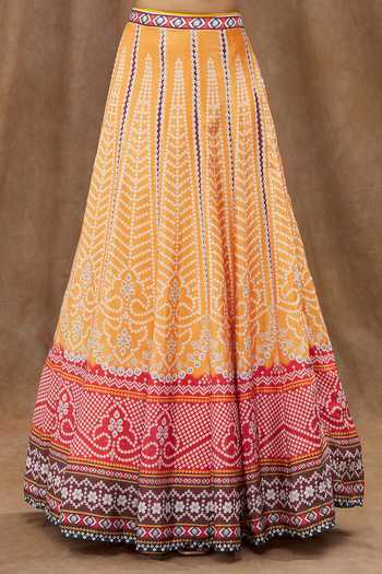 Shop_Samyukta Singhania_Yellow Georgette, Chiffon Embroidery V-neck Digital Print Blouse Lehenga Set_Online_at_Aza_Fashions