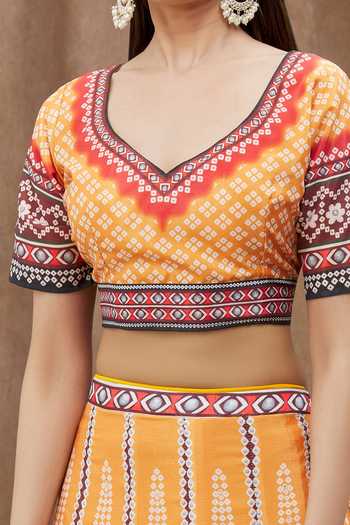 Buy_Samyukta Singhania_Yellow Georgette, Chiffon Embroidery V-neck Digital Print Blouse Lehenga Set_Online_at_Aza_Fashions