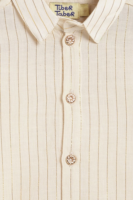 Tiber Taber_Cream Cotton, Lurex Happy Hero Stripe Woven Shirt With Mundu _Online_at_Aza_Fashions