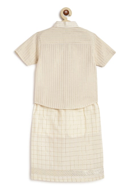 Buy_Tiber Taber_Cream Cotton, Lurex Happy Hero Stripe Woven Shirt With Mundu _Online_at_Aza_Fashions