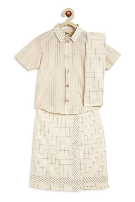 Shop_Tiber Taber_Cream Cotton, Lurex Happy Hero Stripe Woven Shirt With Mundu _Online_at_Aza_Fashions