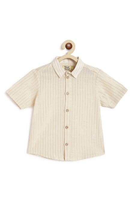 Tiber Taber_Cream Cotton, Lurex Happy Hero Stripe Woven Shirt With Mundu _at_Aza_Fashions