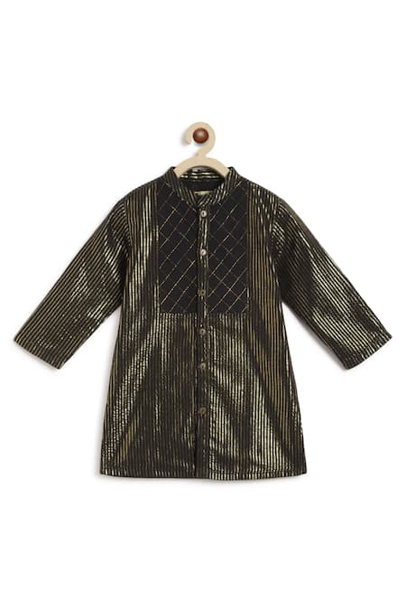 Shop_Tiber Taber_Black Cotton Zari Gold Striped Kurta Set _Online_at_Aza_Fashions