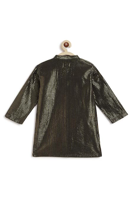 Tiber Taber_Black Cotton Zari Gold Striped Kurta Set _at_Aza_Fashions