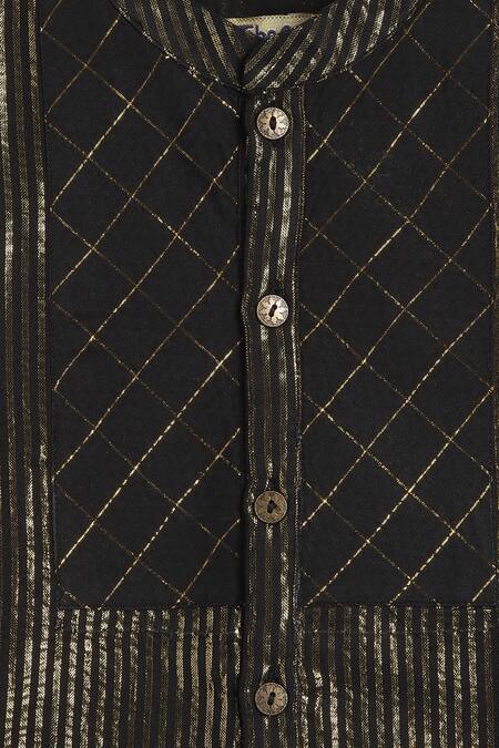 Shop_Tiber Taber_Black Cotton Zari Gold Striped Kurta Set 