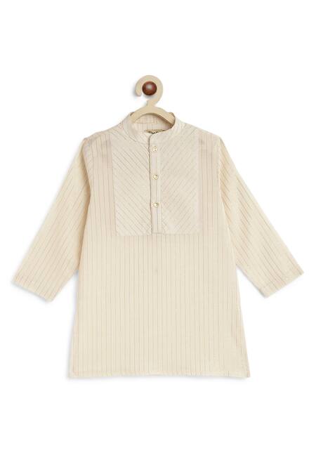 Tiber Taber_Cream Cotton, Lurex Zari Striped Woven Kurta With Dhoti Pant _at_Aza_Fashions