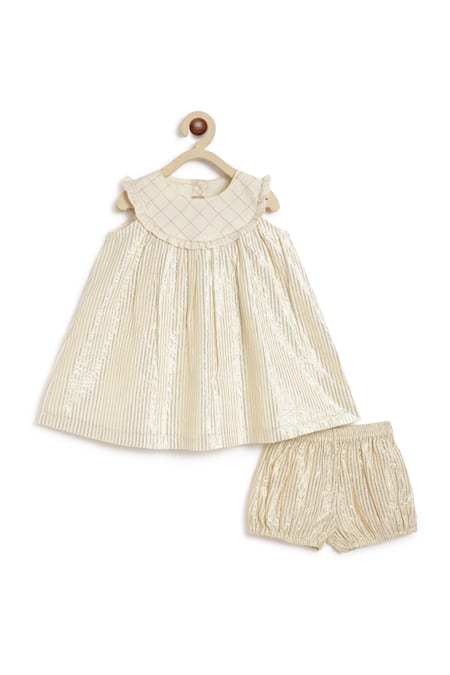 Shop Tiber Taber Cream Cotton, Lurex Shimmery Striped Dress With Bloomer at Aza Fashions Shop_Tiber Taber_Cream Cotton, Lurex Shimmery Striped Dress With Bloomer _at_Aza_Fashions