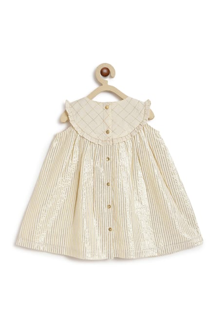 Shop Tiber Taber Cream Cotton, Lurex Shimmery Striped Dress With Bloomer Online at Aza Fashions Shop_Tiber Taber_Cream Cotton, Lurex Shimmery Striped Dress With Bloomer _Online_at_Aza_Fashions