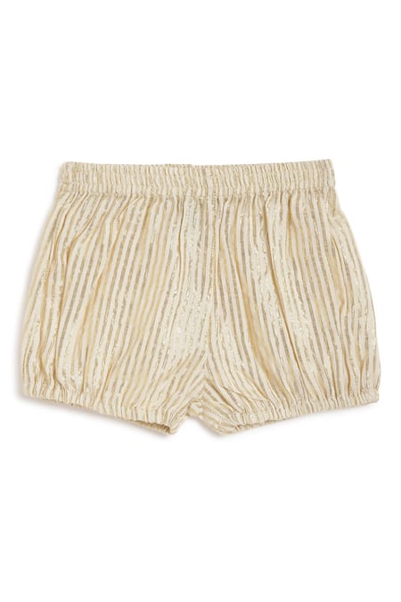 Tiber Taber Cream Cotton, Lurex Shimmery Striped Dress With Bloomer at Aza Fashions Tiber Taber_Cream Cotton, Lurex Shimmery Striped Dress With Bloomer _at_Aza_Fashions