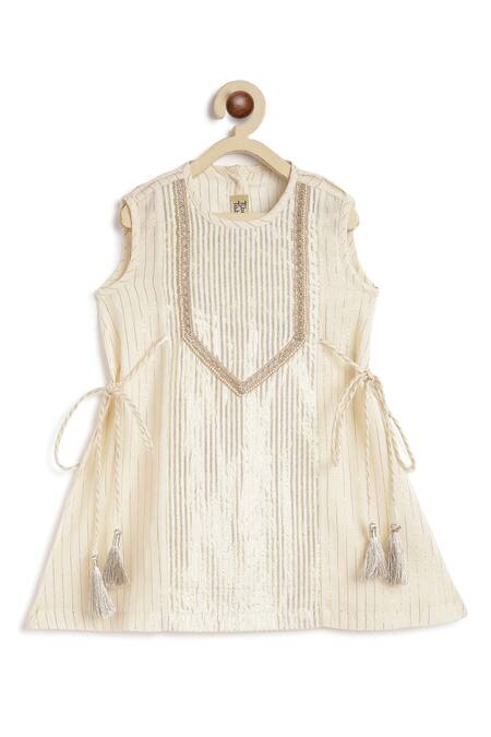 Buy_Tiber Taber_Cream Cotton, Lurex Tassels, Embroidery Shimmery Striped Kurta Palazzo Set _Online_at_Aza_Fashions