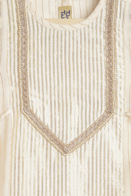 Shop_Tiber Taber_Cream Cotton, Lurex Tassels, Embroidery Shimmery Striped Kurta Palazzo Set 