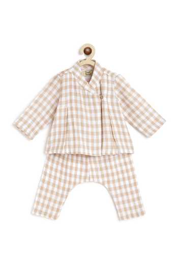 Tiber Taber_Beige Cotton Woven Checkered Pattern Jhabla Set _at_Aza_Fashions
