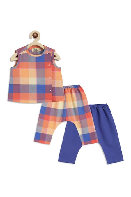 Shop Tiber Taber Multi Color Cotton Colorblock Checkered Woven Jhabla Set at Aza Fashions Shop_Tiber Taber_Multi Color Cotton Colorblock Checkered Woven Jhabla Set _at_Aza_Fashions