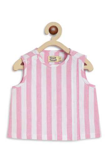 Tiber Taber_Pink Cotton Little Champ Striped Woven Jhabla Set _at_Aza_Fashions