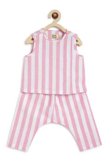 Shop_Tiber Taber_Pink Cotton Little Champ Striped Woven Jhabla Set 